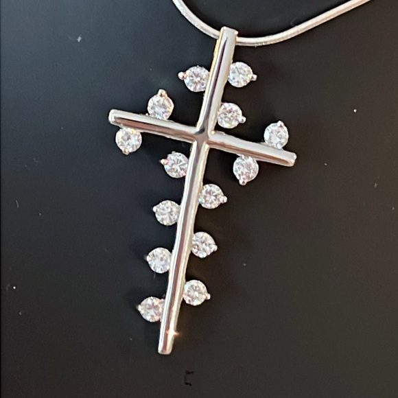 Sterling Silver Modern Cross Necklace with CZ’s - Picture 4 of 7